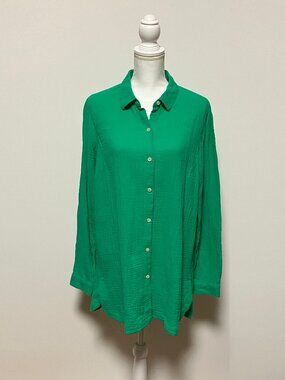 J. Jill Cotton Gauze Green Tunic Blouse, Size M Tall, Button Down Shirt